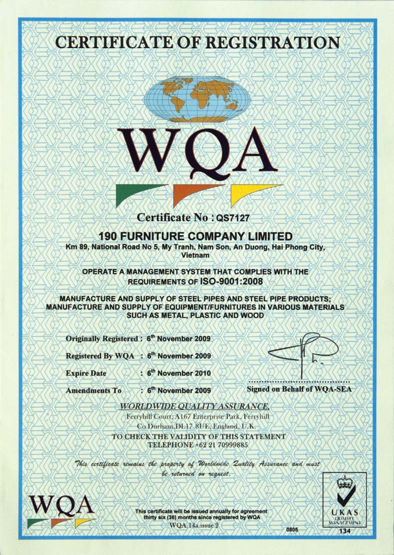 Nội thất 190 đón nhận chứng chỉ ISO 9001-2008